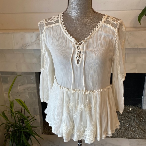 Free People Romance of the Rose Ivory Sheer Lacey Lace-Up Tunic Size XS - Picture 9 of 16